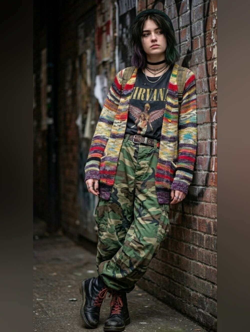 Striped Multi Color Open Front Cardigan Oversized Grunge Hippie Boho Womens M
